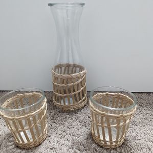 Pitcher and cups glass and rattan